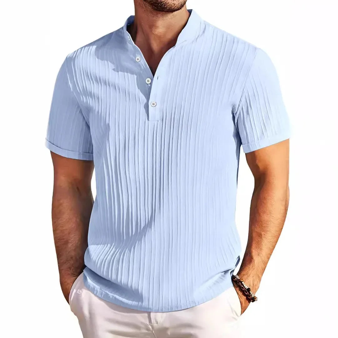 Angers™ - Nouveau Chemise Henry rayée en coton et lin brodé haut de gamme pour hommes été décontracté