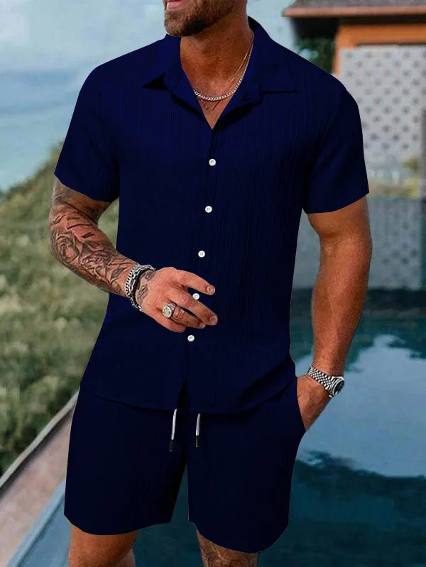 Le Havre™ - Costume chemise homme coton et lin uni rayé manches courtes