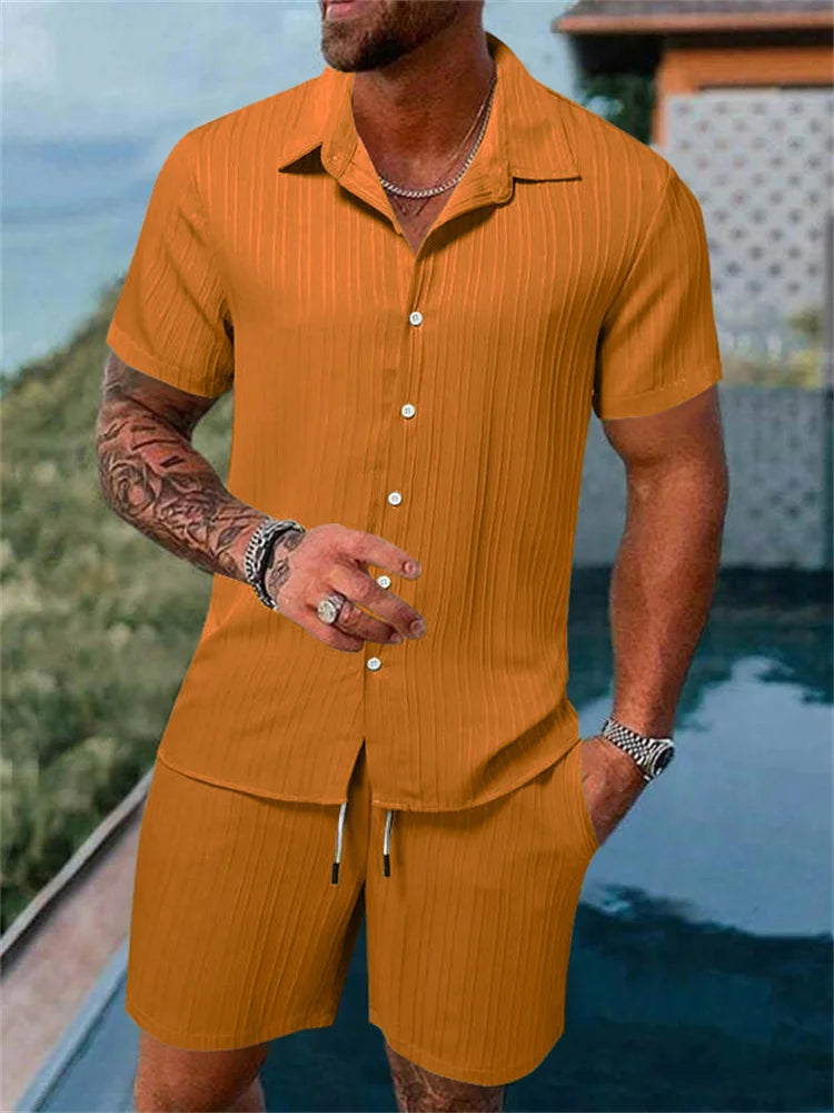 Le Havre™ - Costume chemise homme coton et lin uni rayé manches courtes