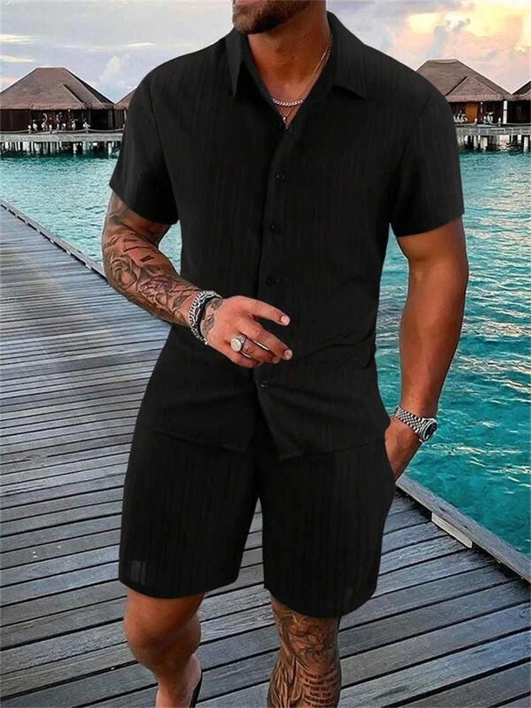 Le Havre™ - Costume chemise homme coton et lin uni rayé manches courtes