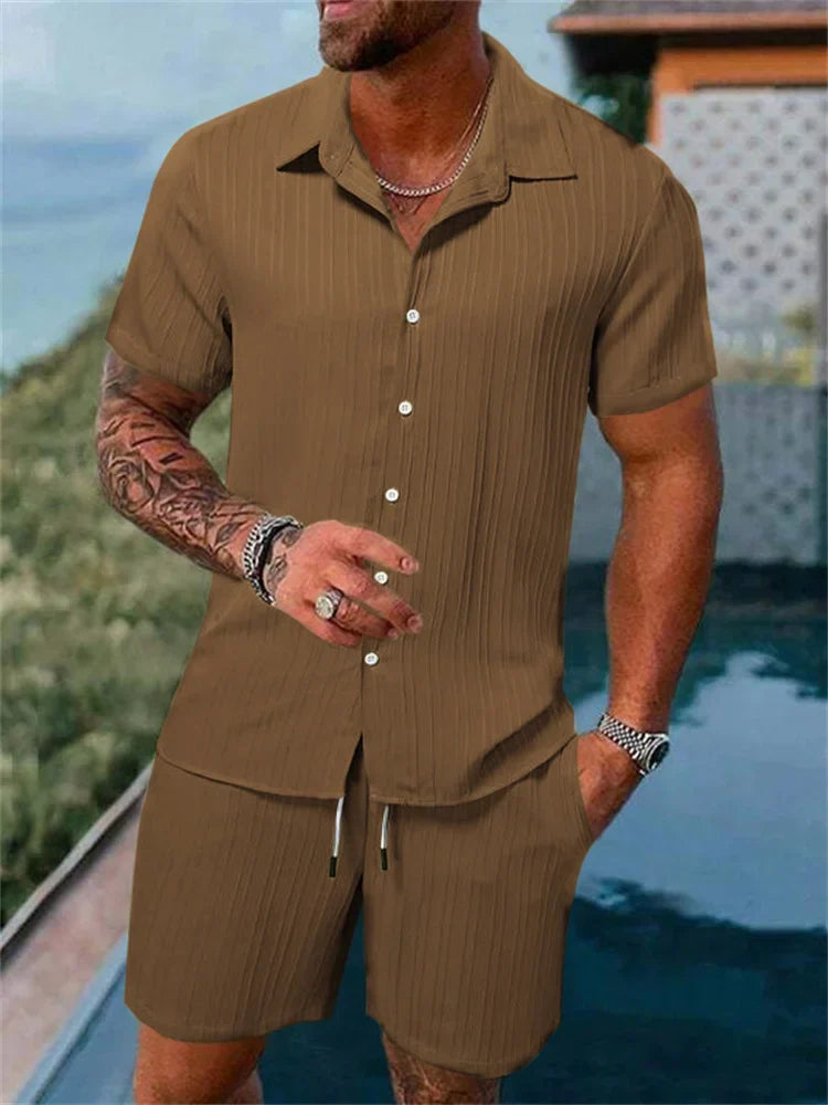Le Havre™ - Costume chemise homme coton et lin uni rayé manches courtes