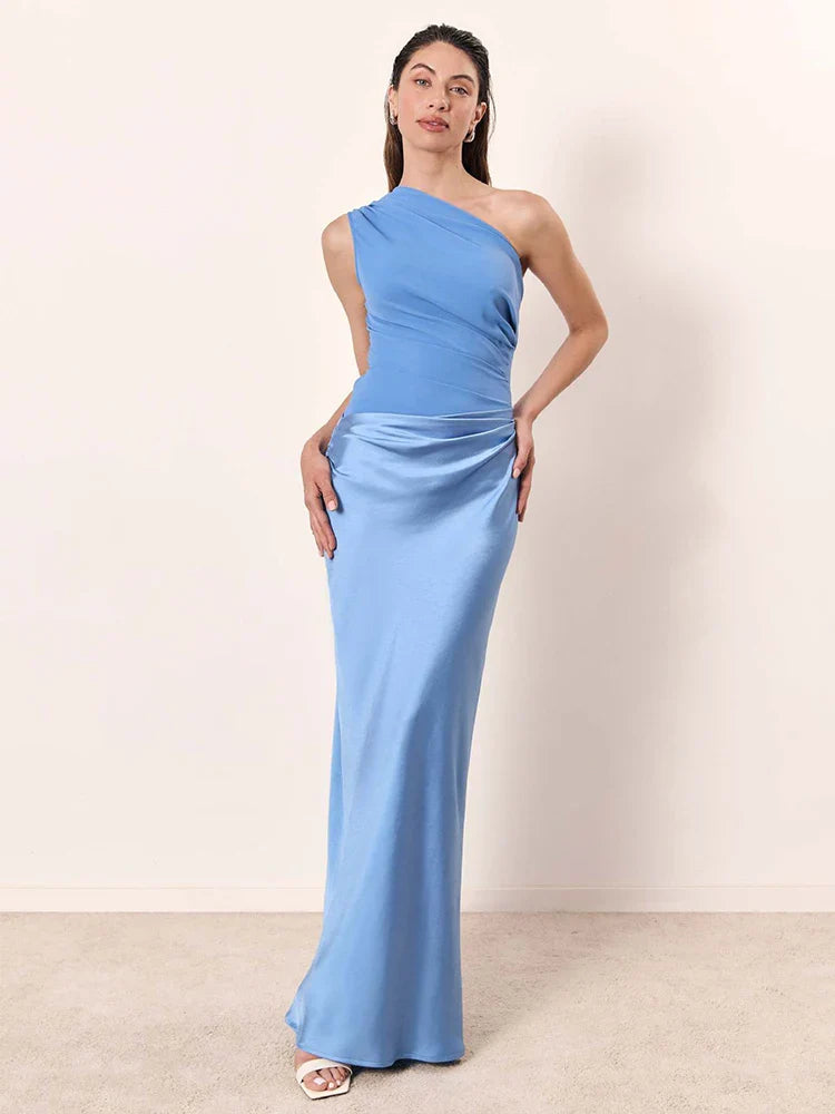 Magdeleine - Robe longue satinée asymétrique