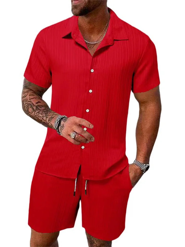 Le Havre™ - Costume chemise homme coton et lin uni rayé manches courtes