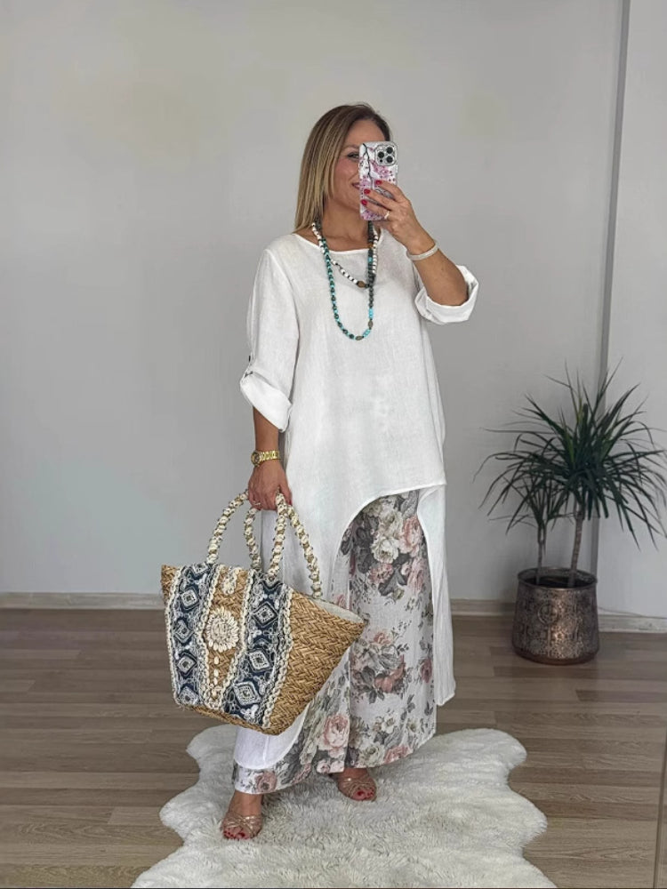 Évelyne – Ensemble haut manches longues et pantalon imprimé